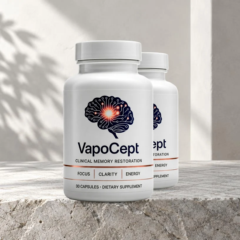 Vapocept capsule bottles photographed on a textured stone surface